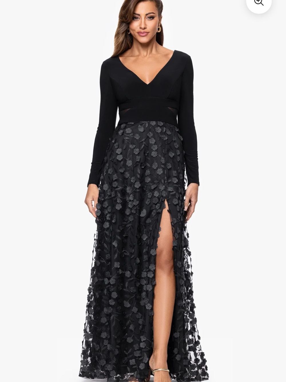 Xscape Black V-Neck Long Sleeve Slit Gown